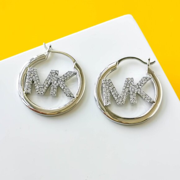 Pave Hollow Logo Silver plated Hoop Earrings by Michael Kors - Picture 1 of 3